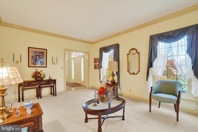 living area with light colored carpet and ornamental molding