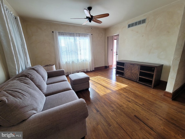 living room with ceiling fan and wood-type flooring