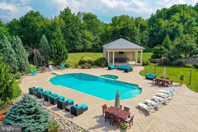 view of pool featuring a patio area, outdoor lounge area, and a yard