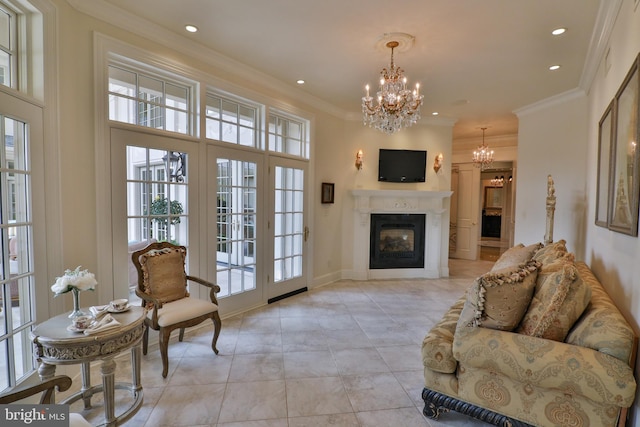 living room featuring a notable chandelier, light tile patterned flooring, and crown molding