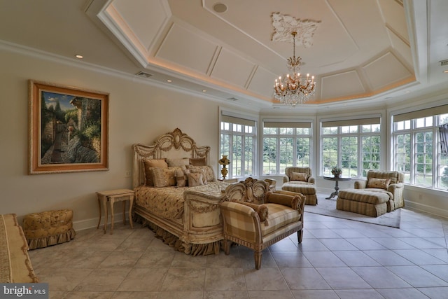 tiled bedroom featuring ornamental molding, a notable chandelier, and a tray ceiling