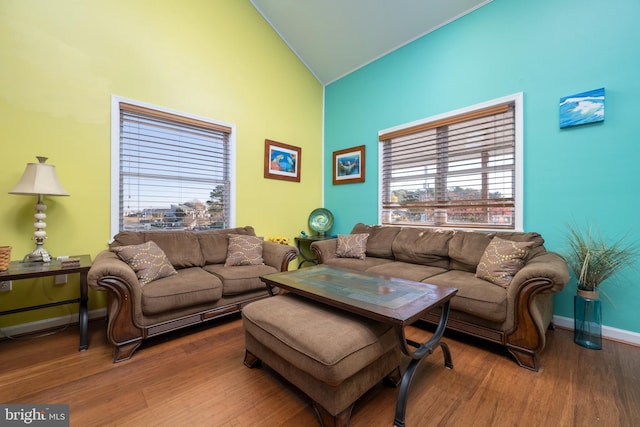 14211 Dukes Ave Unit 203, Ocean City, MD 21842 - living area with wood finished floors, high vaulted ceiling, baseboards, and ornamental molding