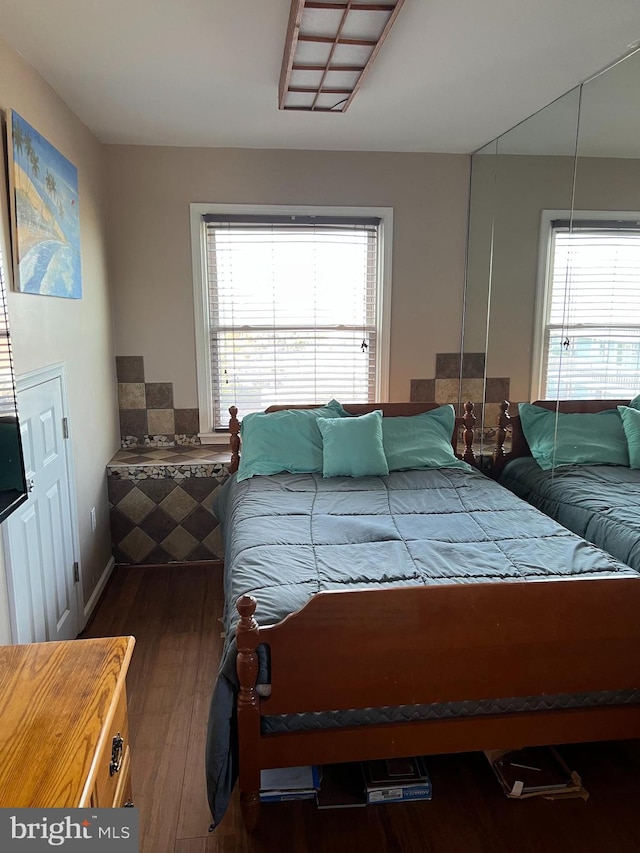 bedroom featuring dark hardwood / wood-style flooring and multiple windows