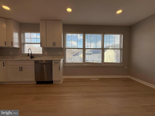 kitchen featuring white cabinetry, stainless steel dishwasher, and a healthy amount of sunlight