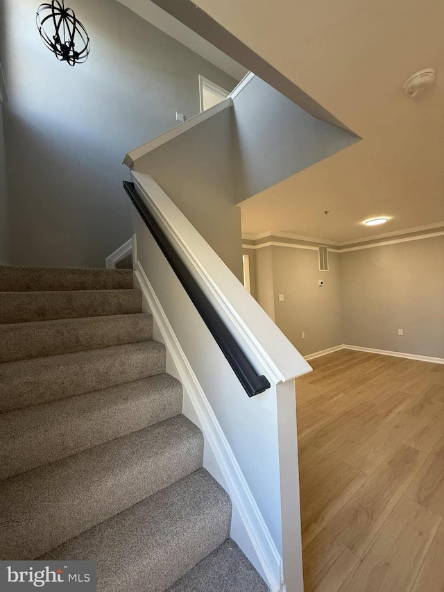 staircase with hardwood / wood-style flooring