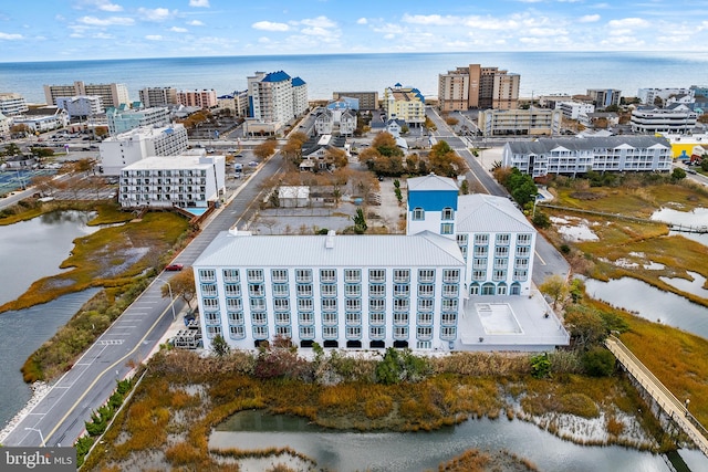 bird's eye view with a water view