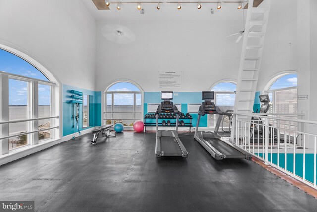 exercise room with ceiling fan, a towering ceiling, and plenty of natural light