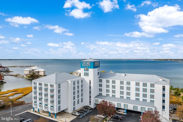 drone / aerial view featuring a water view