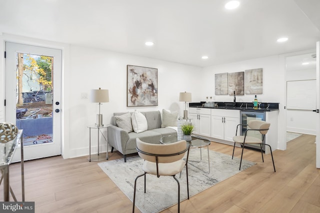 living room featuring light wood-type flooring and sink