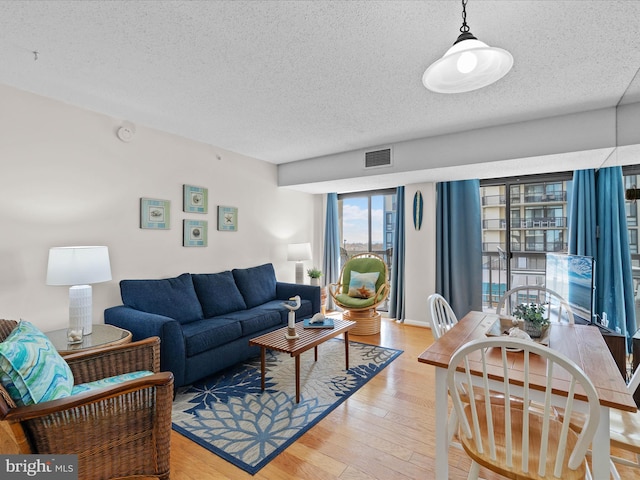 living room featuring light hardwood / wood-style flooring and a textured ceiling