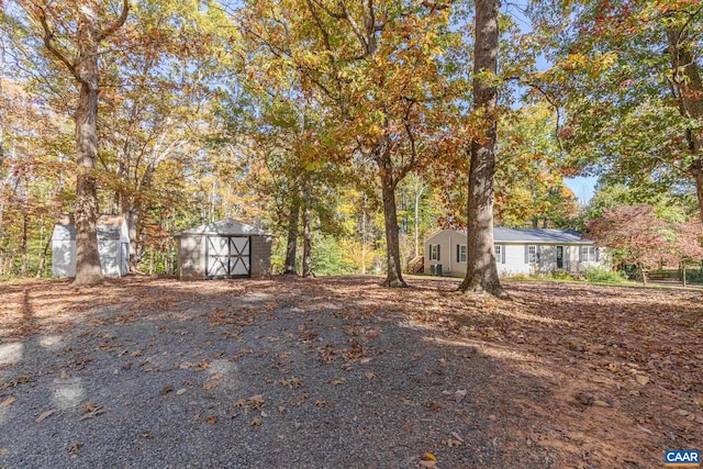 view of yard with a storage shed