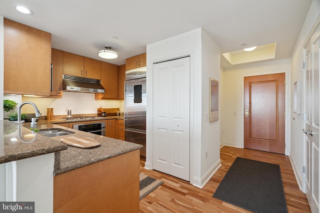 kitchen featuring kitchen peninsula, light hardwood / wood-style floors, sink, and appliances with stainless steel finishes