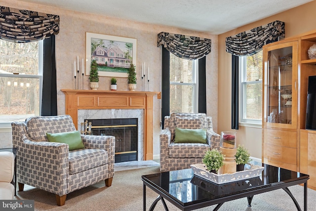 living room featuring a fireplace, carpet, and a textured ceiling