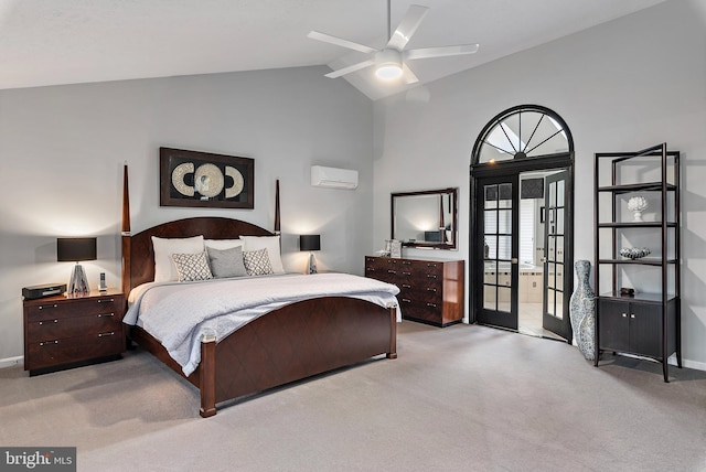 bedroom featuring ceiling fan, light colored carpet, a wall unit AC, and french doors