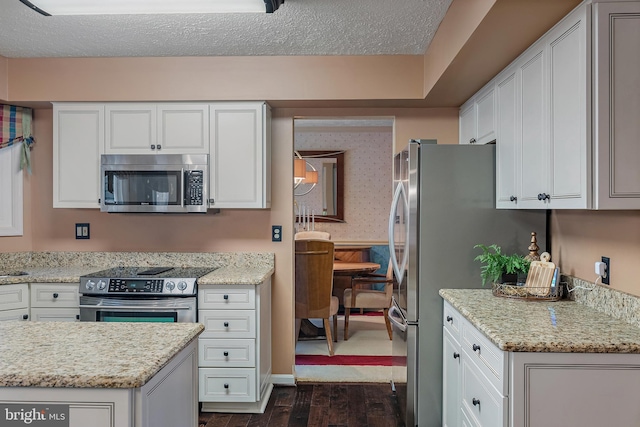 kitchen featuring light stone countertops, dark wood-type flooring, stainless steel appliances, a textured ceiling, and white cabinets