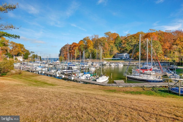 dock area featuring a lawn and a water view