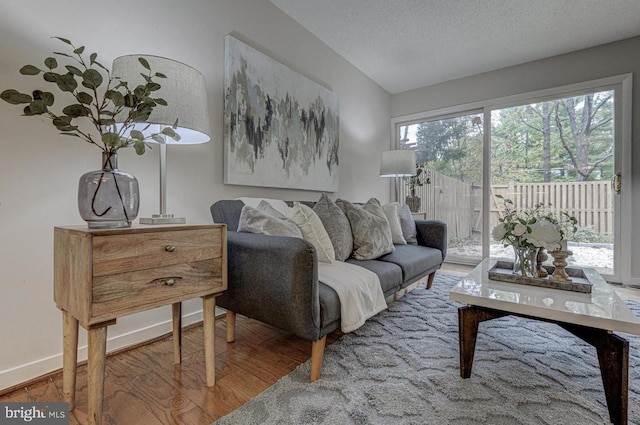 living room with lofted ceiling, wood-type flooring, and a textured ceiling