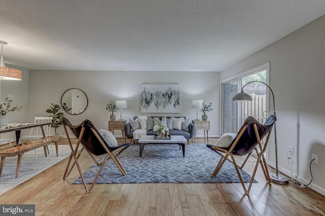 living room with a textured ceiling and light wood-type flooring