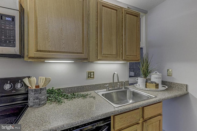 kitchen featuring sink, a textured ceiling, and black appliances