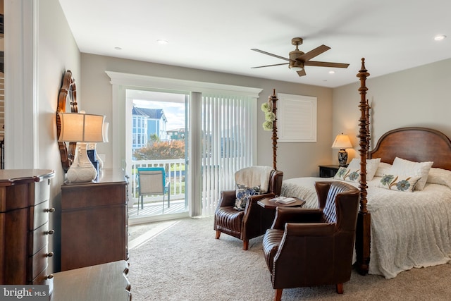 bedroom with access to exterior, light carpet, and ceiling fan