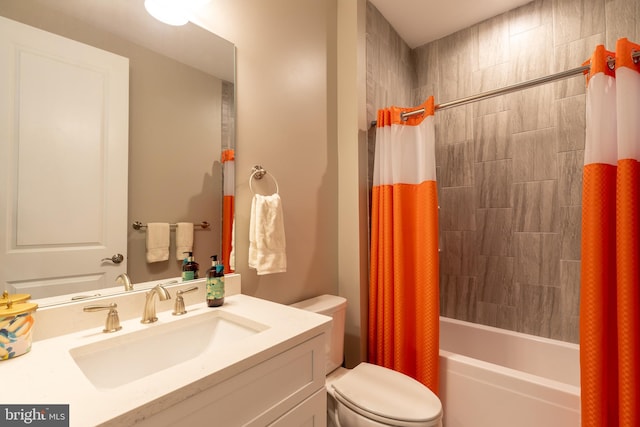 full bathroom featuring vanity, toilet, and shower / bathtub combination with curtain