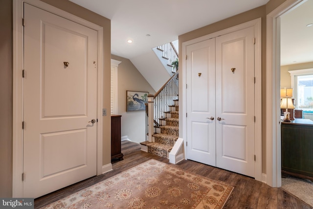 12920 Carmel Ave Unit 10, Ocean City, MD 21842 - foyer entrance with dark wood-style floors, stairway, recessed lighting, and baseboards