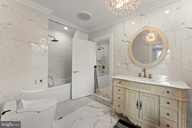 full bathroom featuring toilet, a notable chandelier, vanity, bathing tub / shower combination, and crown molding