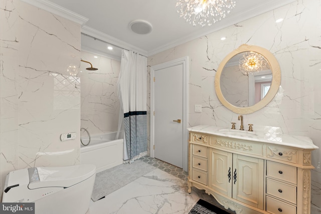 full bathroom featuring shower / bath combo, toilet, vanity, and crown molding