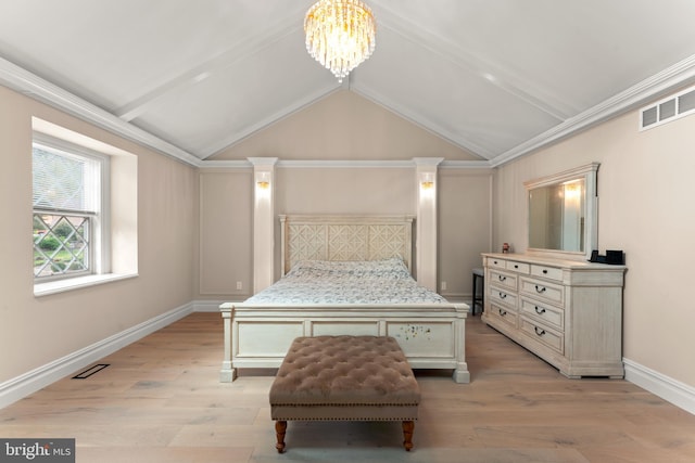 bedroom with ornamental molding, light wood-type flooring, and vaulted ceiling with beams