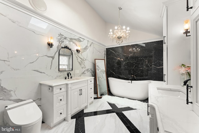 bathroom with toilet, an inviting chandelier, tile walls, a bathing tub, and vanity