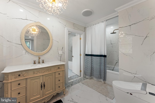 full bathroom featuring an inviting chandelier, vanity, shower / bath combo, crown molding, and toilet