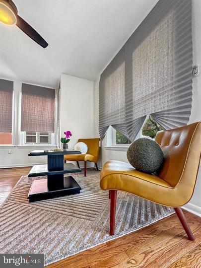 living area featuring wood-type flooring and ceiling fan