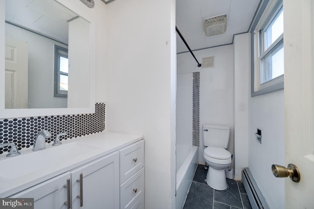 bathroom featuring a baseboard radiator, tile patterned floors, toilet, decorative backsplash, and vanity