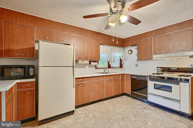 kitchen with black appliances, sink, and ceiling fan