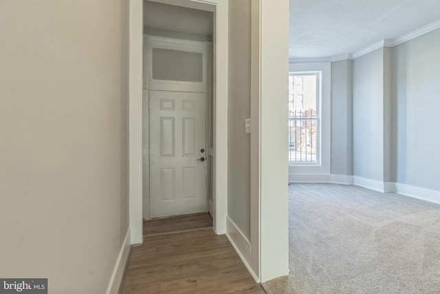 corridor with light hardwood / wood-style floors, ornamental molding, and a textured ceiling