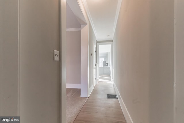 hallway featuring crown molding and light hardwood / wood-style floors