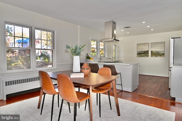 dining area with a healthy amount of sunlight, radiator, and dark hardwood / wood-style flooring