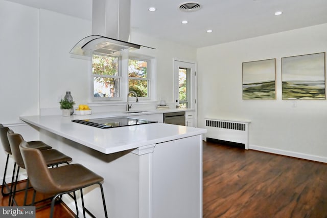 kitchen featuring black electric stovetop, radiator, exhaust hood, kitchen peninsula, and a breakfast bar