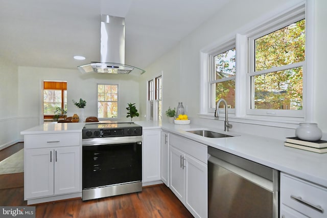 kitchen featuring kitchen peninsula, island range hood, dark hardwood / wood-style floors, sink, and stainless steel appliances