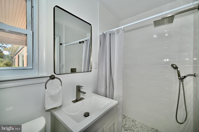 bathroom featuring vanity, a shower with shower curtain, and toilet