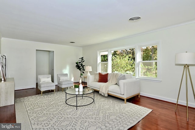 living room featuring dark wood-type flooring and ornamental molding