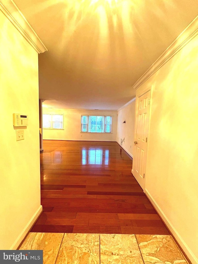 hallway with hardwood / wood-style flooring and ornamental molding