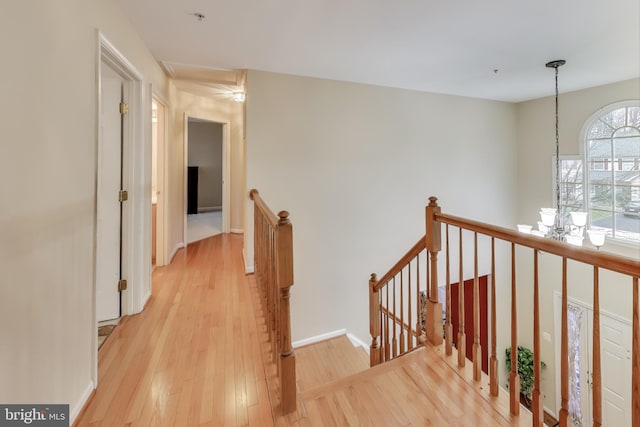 corridor featuring light wood-type flooring and an inviting chandelier