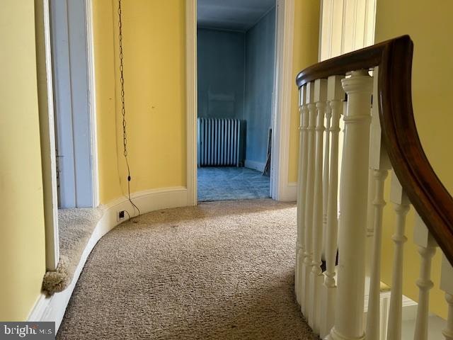 hall featuring radiator and carpet floors