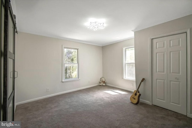 carpeted spare room featuring plenty of natural light and crown molding