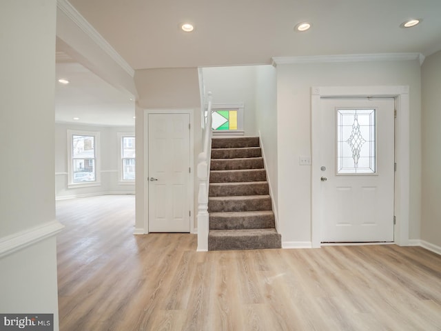 516 Harwood Ave, Baltimore, MD 21212 - entryway featuring light wood-type flooring, stairs, recessed lighting, crown molding, and baseboards