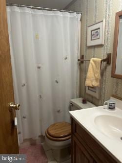 5216 Huron St, College Park, MD 20740 - bathroom featuring toilet, vanity, and curtained shower