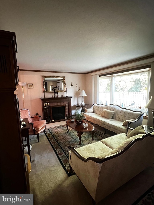 living room with ornamental molding, a fireplace, lofted ceiling, and carpet