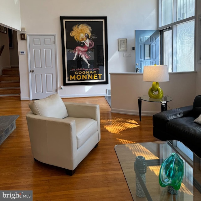 living room featuring hardwood / wood-style floors and a towering ceiling