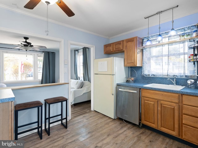 kitchen featuring backsplash, stainless steel dishwasher, light wood-type flooring, sink, and white refrigerator